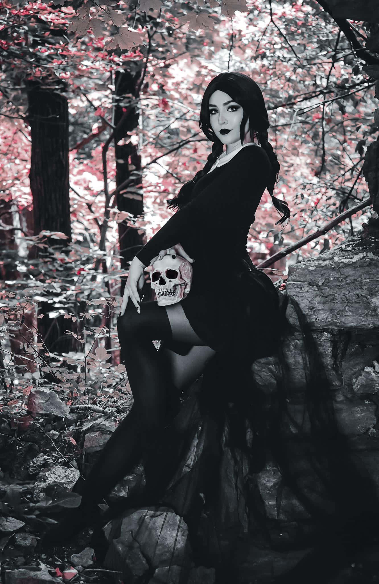 Goth 桌布 壁紙 — 一位身穿黑色服裝的哥德式女性坐在岩石上，手持頭骨，周圍是帶有紅色調的樹林。