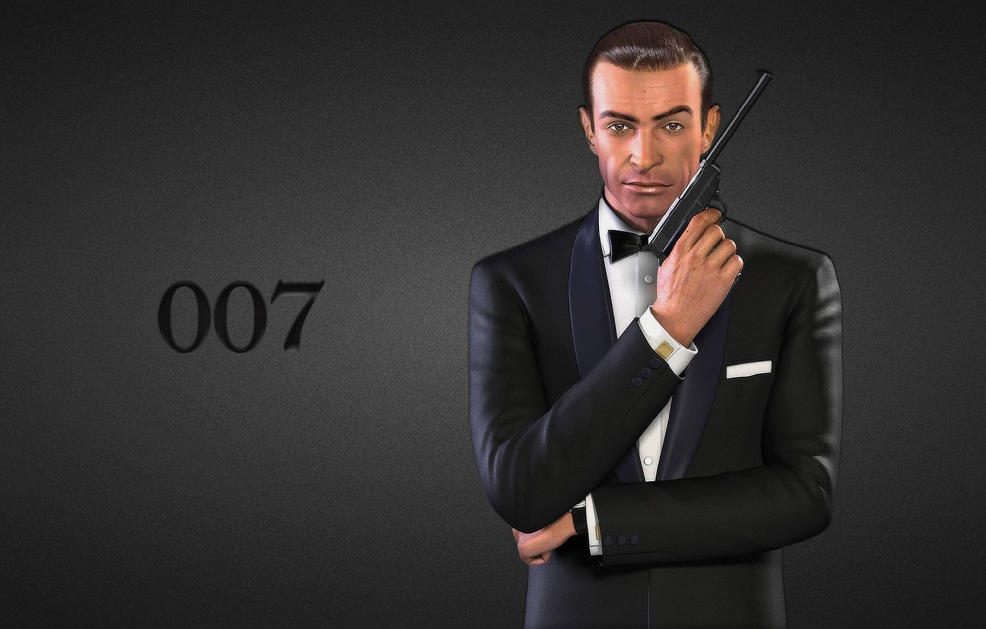 Sean Connery 桌布 壁紙 — 一位身穿黑色燕尾服的時尚007特工，在深灰色背景前手持手槍，背景帶有標誌性的007標誌。