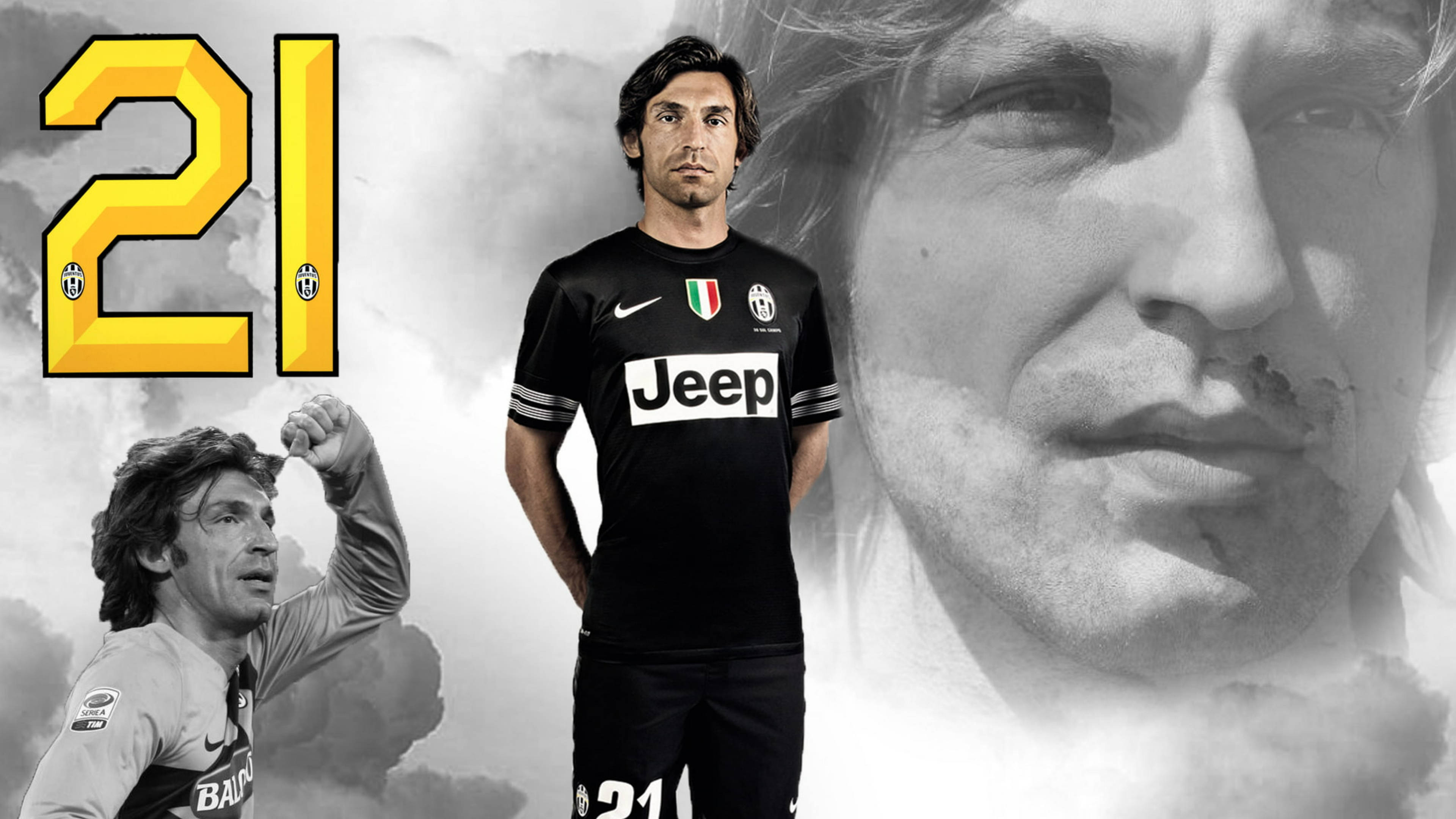 andrea pirlo 桌布 壁紙 — 一位身穿黑色球衣的尤文圖斯足球員站在中央，帶有一個大的金色21號碼和自己在比賽中的黑白肖像。