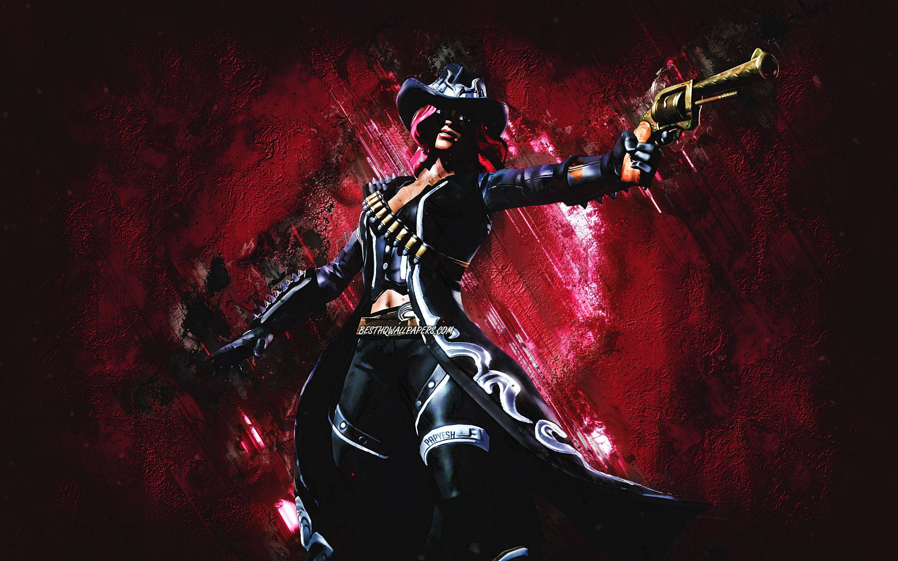 calamity fortnite 桌布 壁紙 — 一位身穿黑色皮衣和帽子的兇猛女槍手，對準血紅色紋理背景，手持金色左輪手槍。