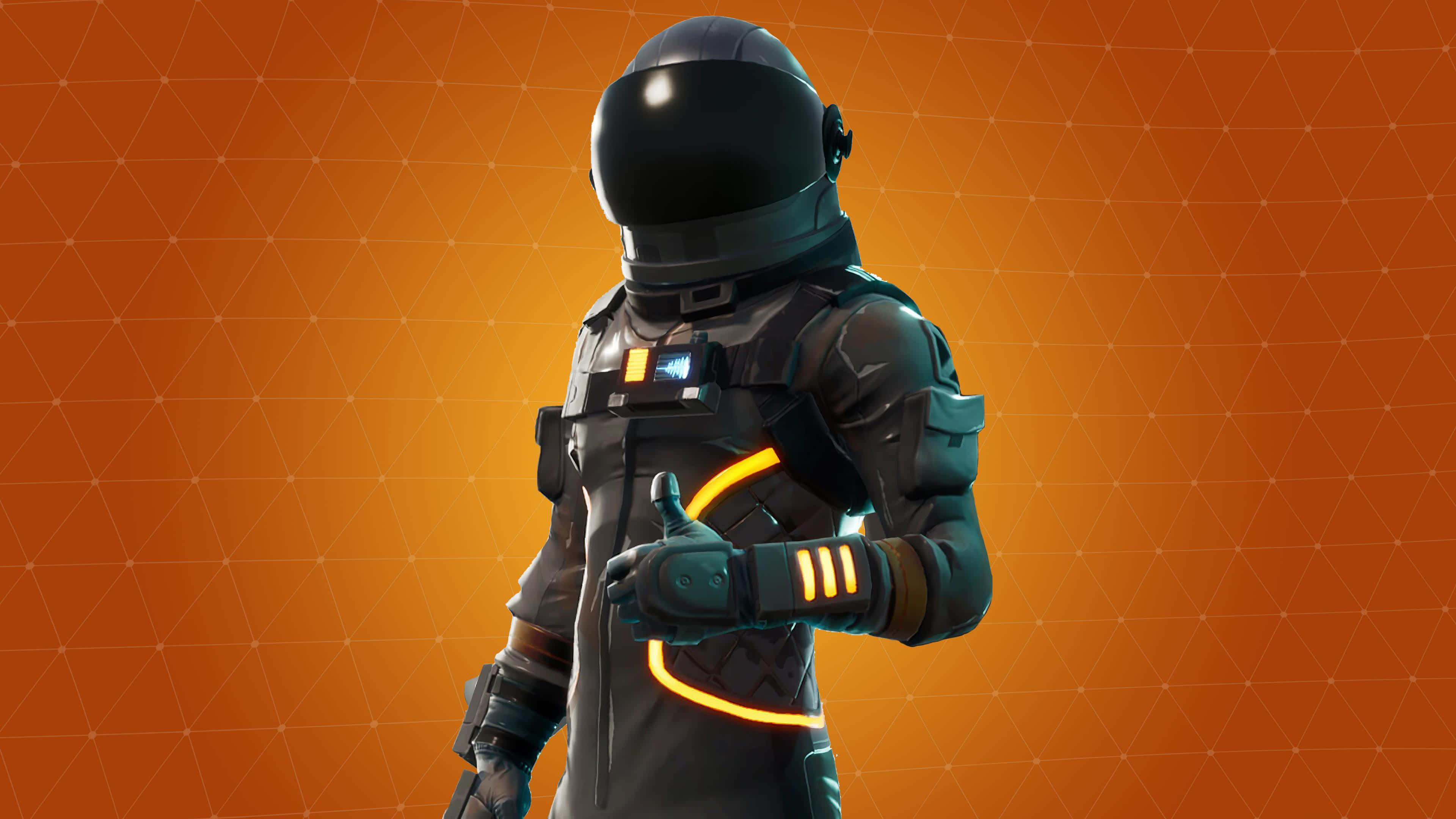Fortnite Character 桌布 壁紙 — 一位身穿黑色盔甲、帶有發光橙色裝飾的未來太空人，在溫暖的橙色幾何背景前豎起大拇指。