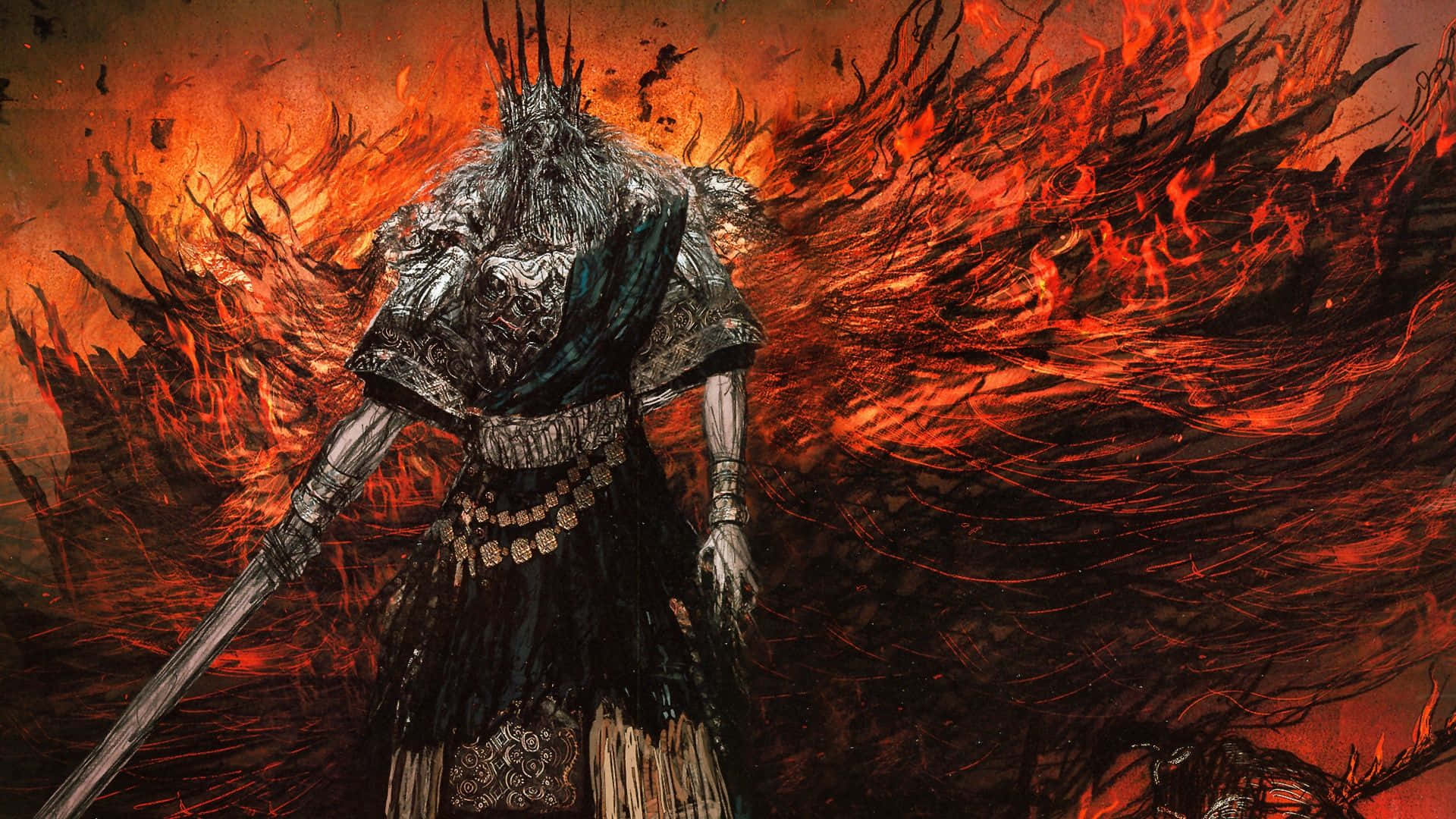 Nameless King 桌布 壁紙 — 一位身穿黑色盔甲、頭戴尖刺王冠的戰士，在旋轉的火焰背景下挑釁地站立。