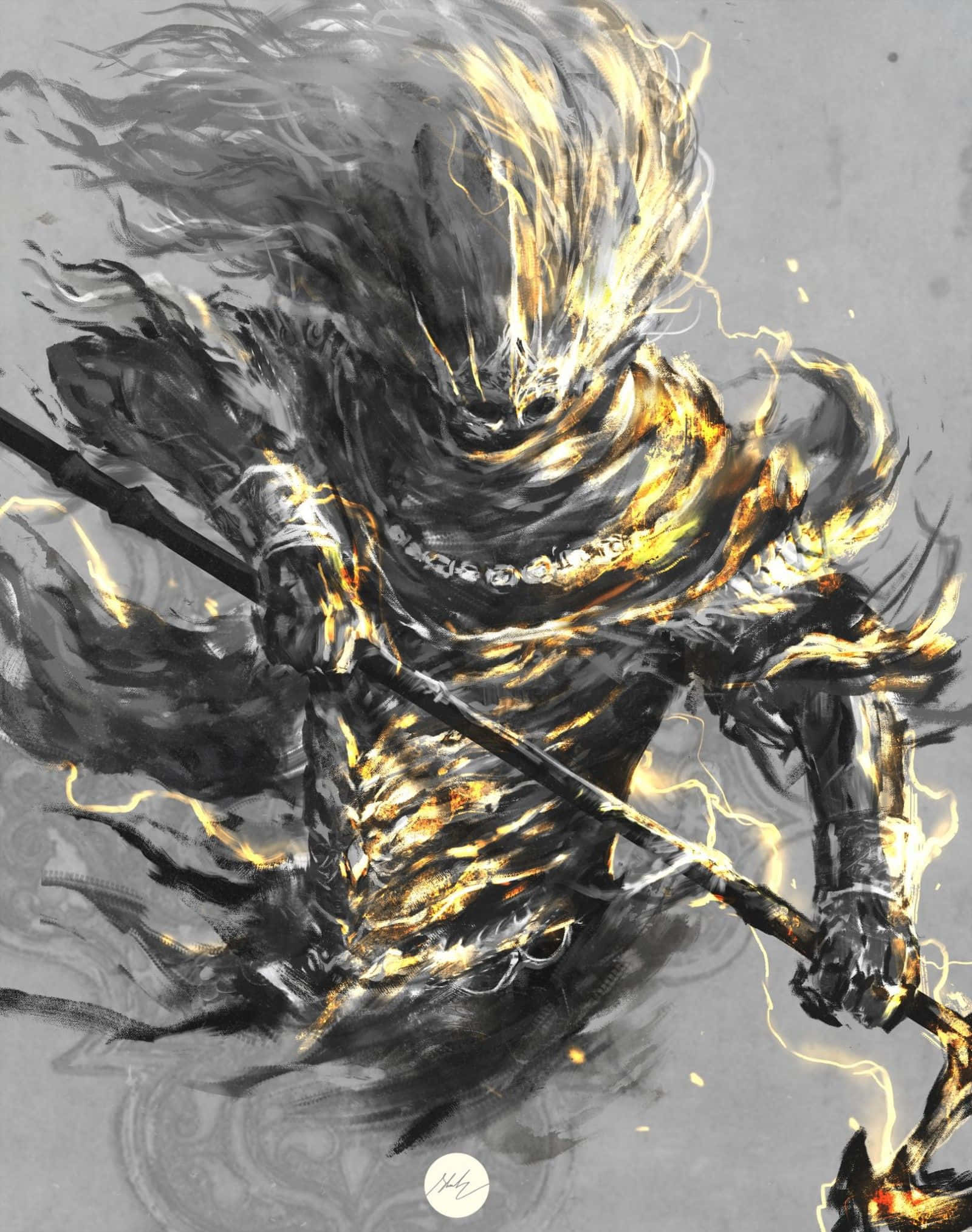 Nameless King 桌布 壁紙 — 一位身穿黑色盔甲的戰士，擁有發光的金色頭髮，武器周圍閃爍著閃電，擺出動態的戰鬥姿勢。