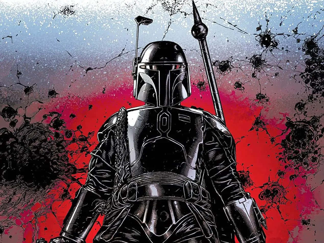 The War Of The Bounty Hunters 桌布 壁紙 — 一位身穿黑色盔甲的曼達洛戰士，在紅藍潑濺背景中手持長矛，傲然挺立。