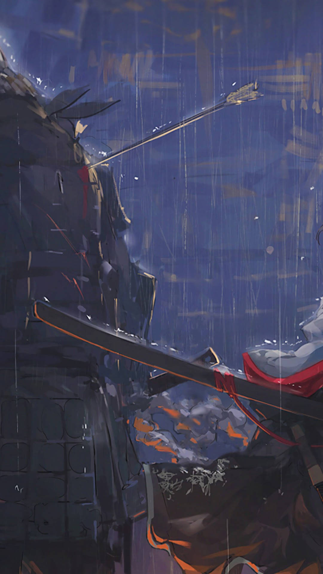 Anime Samurai 桌布 壁紙 — 一位身穿黑色盔甲的武士在雨夜場景中站立，手持拉開的弓和劍，被藍色和橙色的色調照亮。