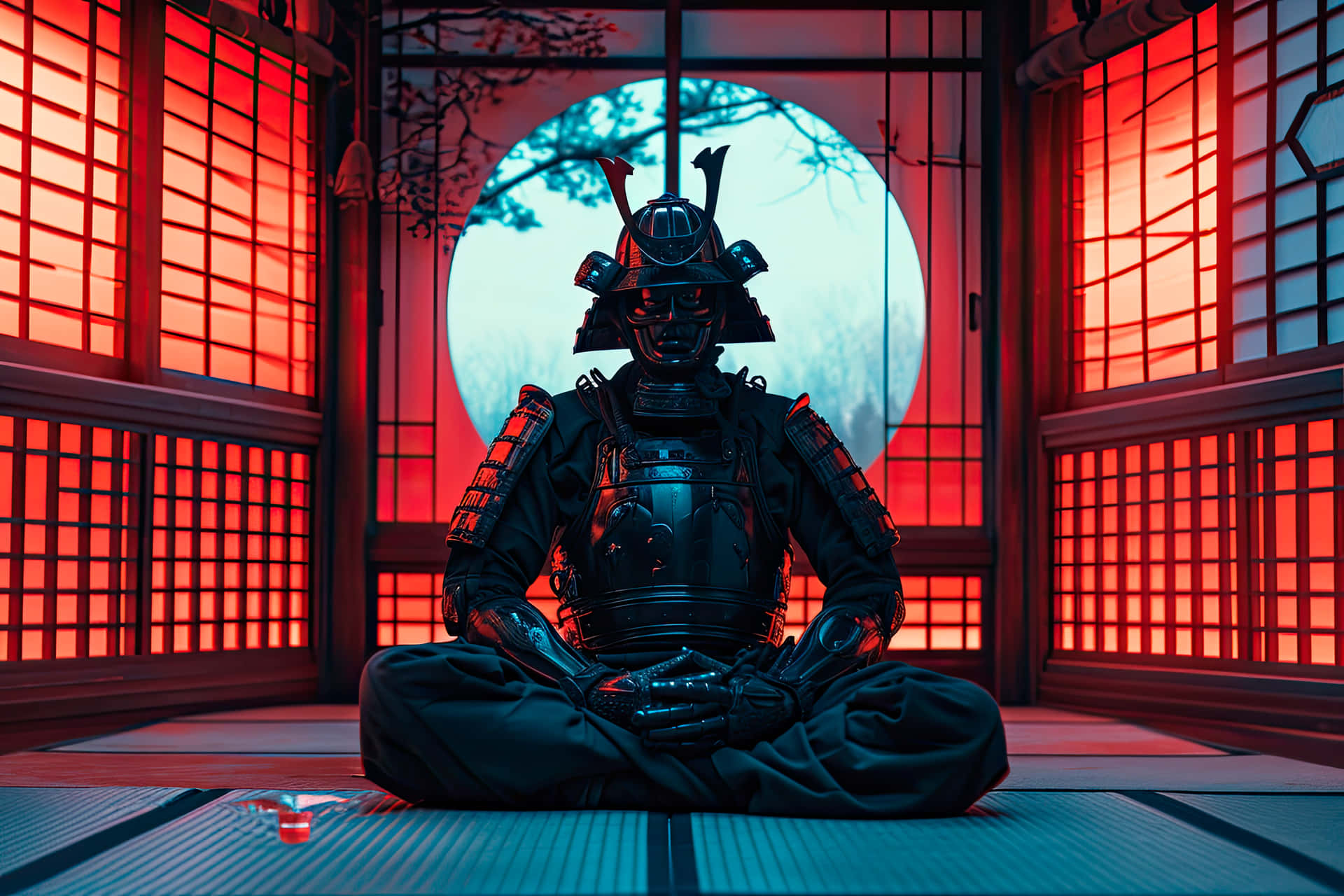 Samurai meditation 壁紙 — 一位身穿黑色盔甲的武士盤腿坐在榻榻米上，面前是發光的紅色障子屏風，透過圓形窗戶可以看到滿月。