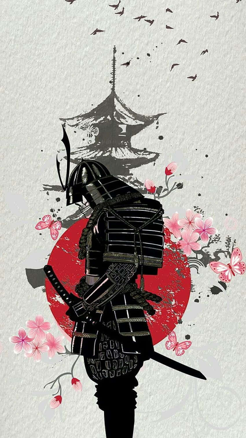 桌布 壁紙 — 一位身穿黑色盔甲的武士站在紅日之前，背景有櫻花和寶塔。