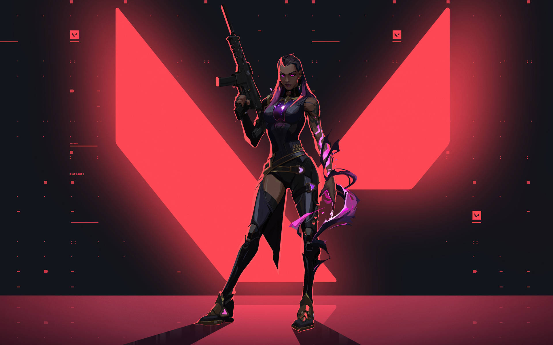 賽博龐克女戰士在紅色霓虹燈下持步槍 — Valorant Logo 壁紙