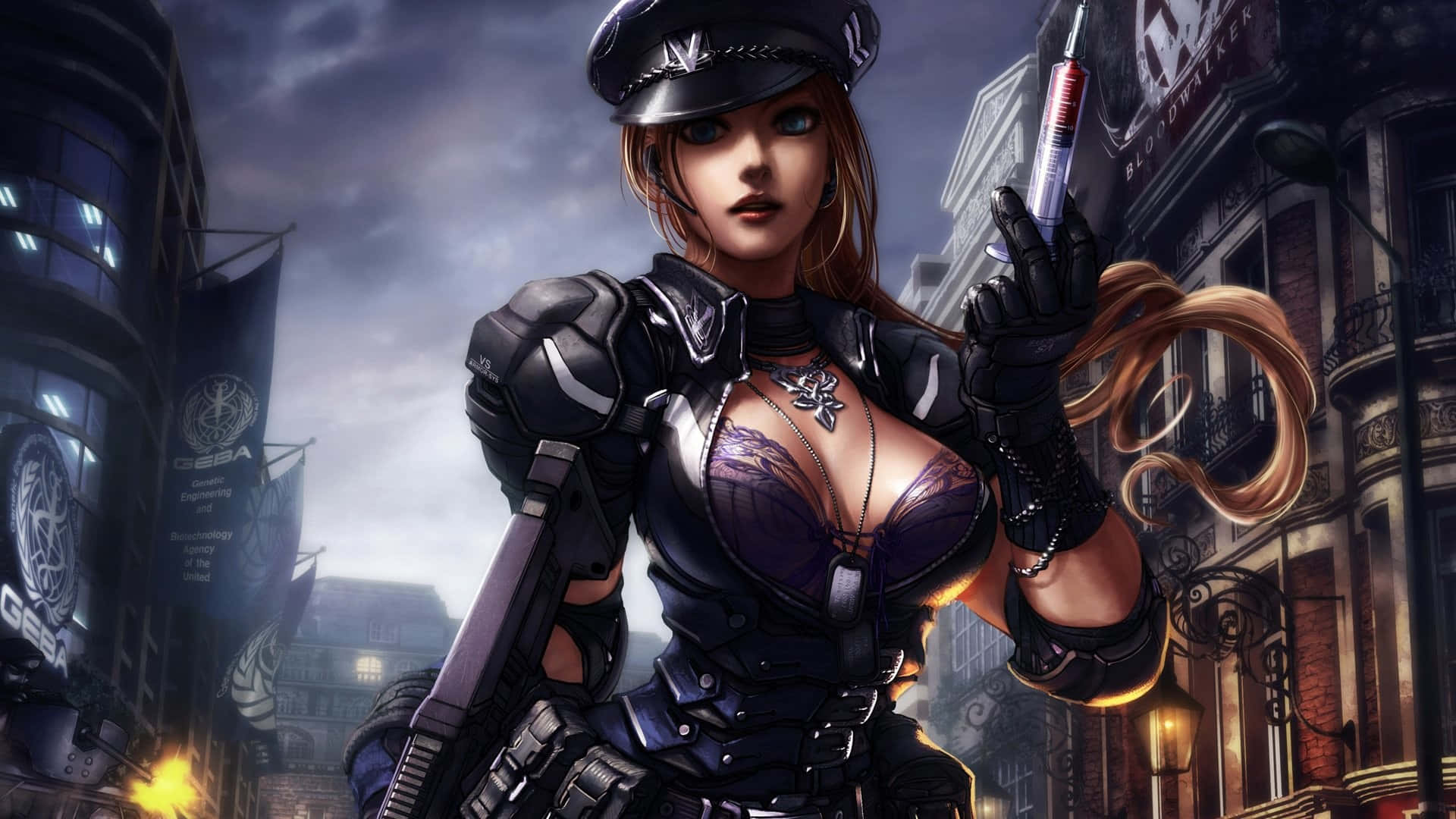 character design 桌布 壁紙 — 一位身穿黑色盔甲的賽博龐克女警官在黃昏時分的霓虹燈城市小巷中拿著注射器。