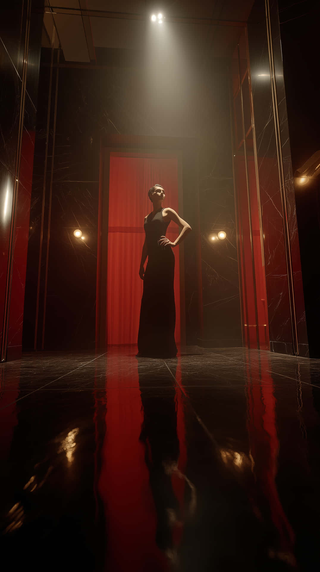 Ultra-realistic cinematic still of a mysterious woman 壁紙 — 一位身穿黑色禮服的女士自信地站在光線昏暗的紅色走廊中，地板反光，聚光燈效果戲劇化。