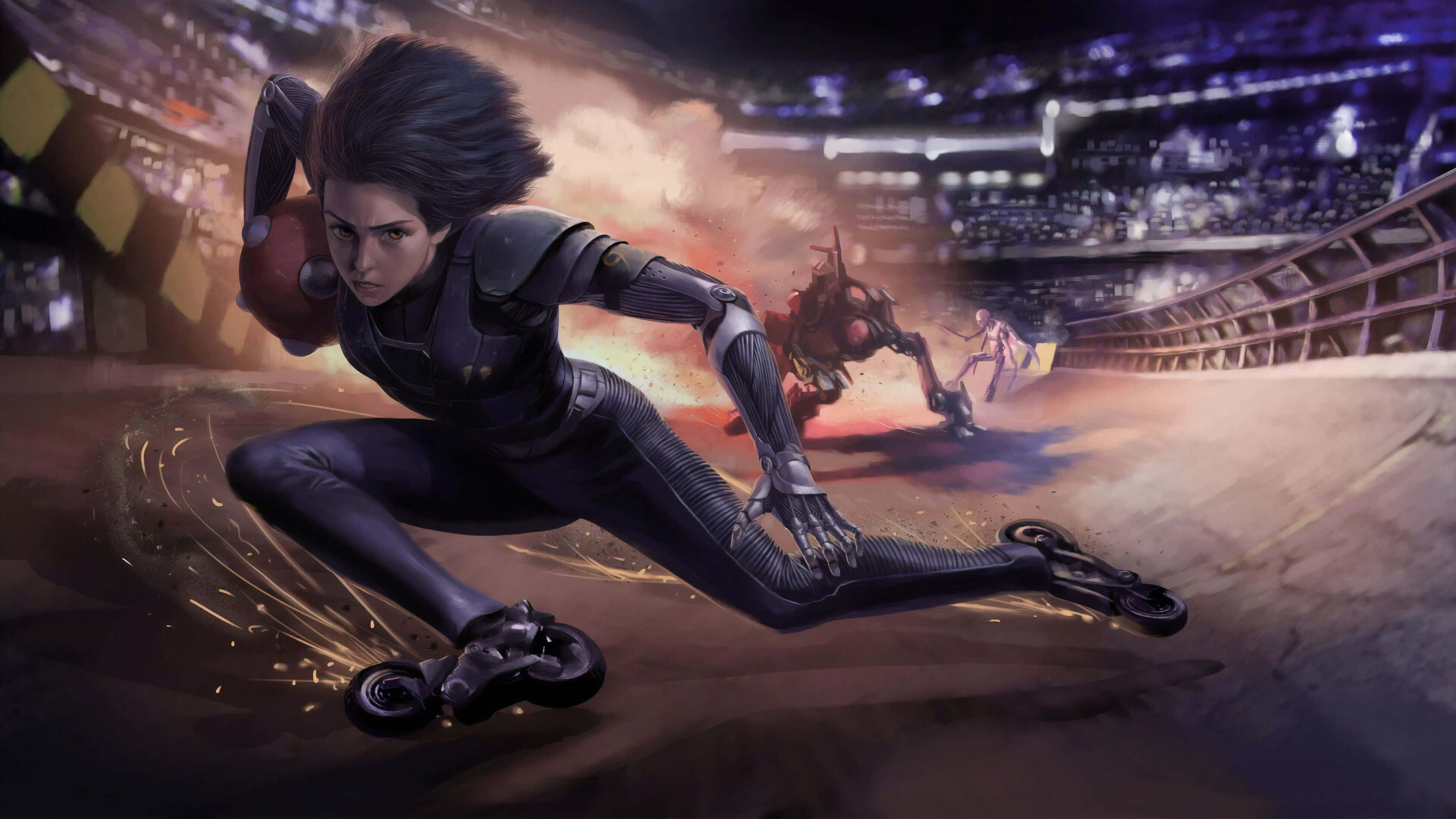 Alita Battle Angel 桌布 壁紙 — 一位身穿黑色緊身裝備的女運動員在高速未來賽事中，穿著溜冰鞋滑過火焰熊熊的體育場競技場。