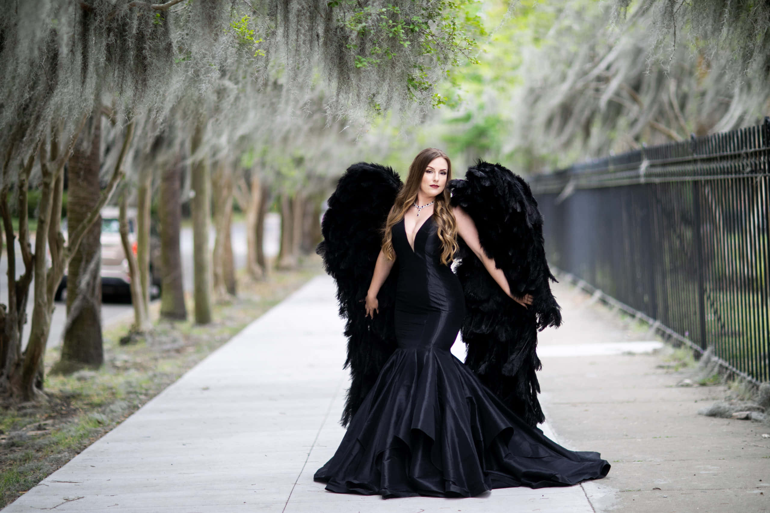 Wings 桌布 壁紙 — 一位身穿黑色美人魚禮服、擁有巨大黑色羽毛翅膀的女性，站在西班牙苔蘚下的林蔭人行道上。
