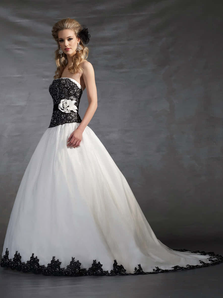Wedding Gown 桌布 壁紙 — 一位身穿黑色蕾絲和白色薄紗婚紗的女性在紋理灰色背景前擺姿勢。
