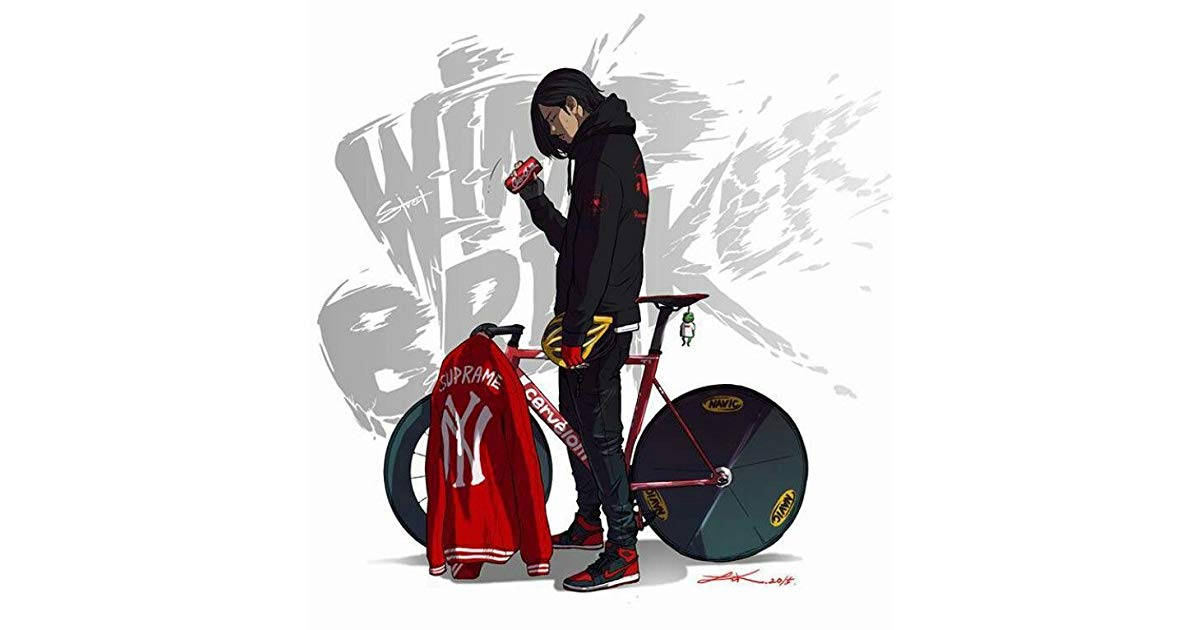 Wind 桌布 壁紙 — 一位身穿黑色裝備的風格化動漫單車手站在一輛紅色場地單車旁，車把上搭著一件紅色NY外套。
