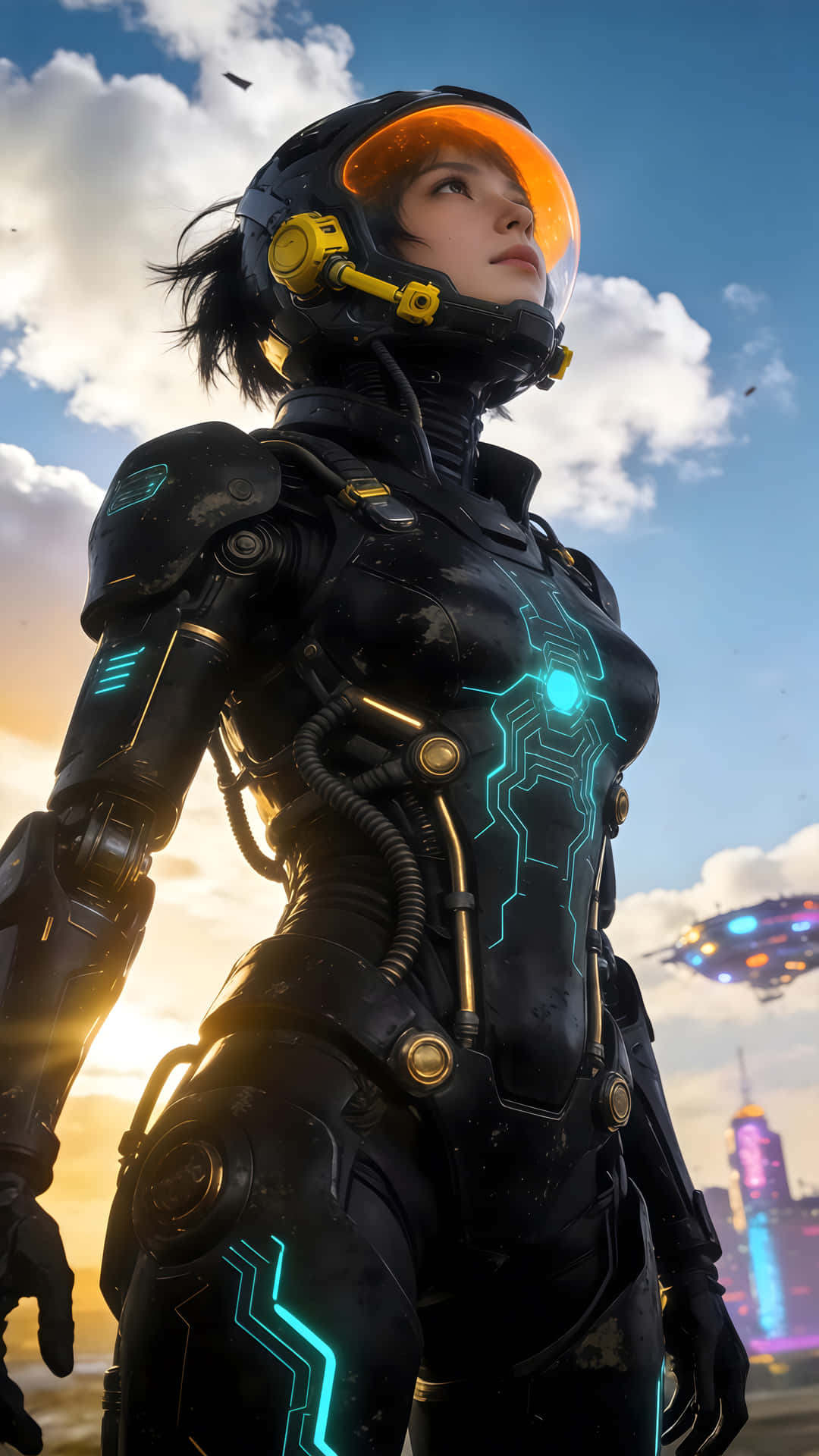 4K wallpaper female astronaut 壁紙 — 一位身穿黑色裝甲服、帶有發光藍色電路的女性太空人，站在夕陽天空下，遠處有未來城市和飛行車輛。