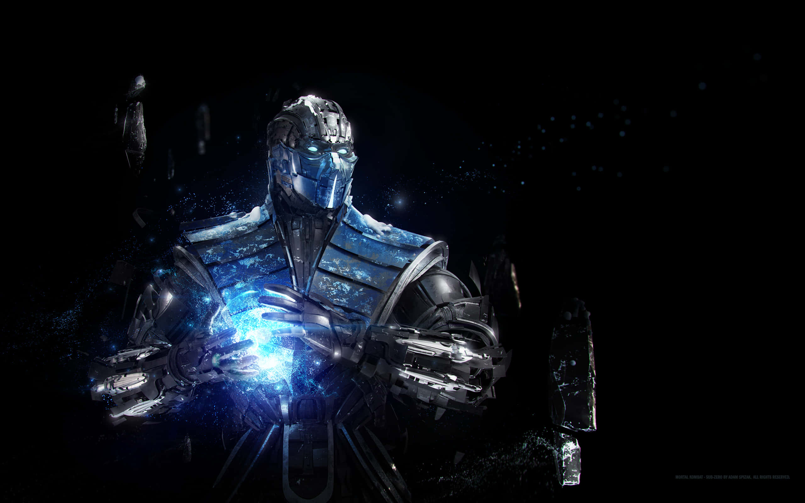 Mortal Kombat Sub-zero 桌布 壁紙 — 一位身穿黑色裝甲的賽博戰士，在充滿漂浮粒子的黑色虛空中手持發光藍色球體。
