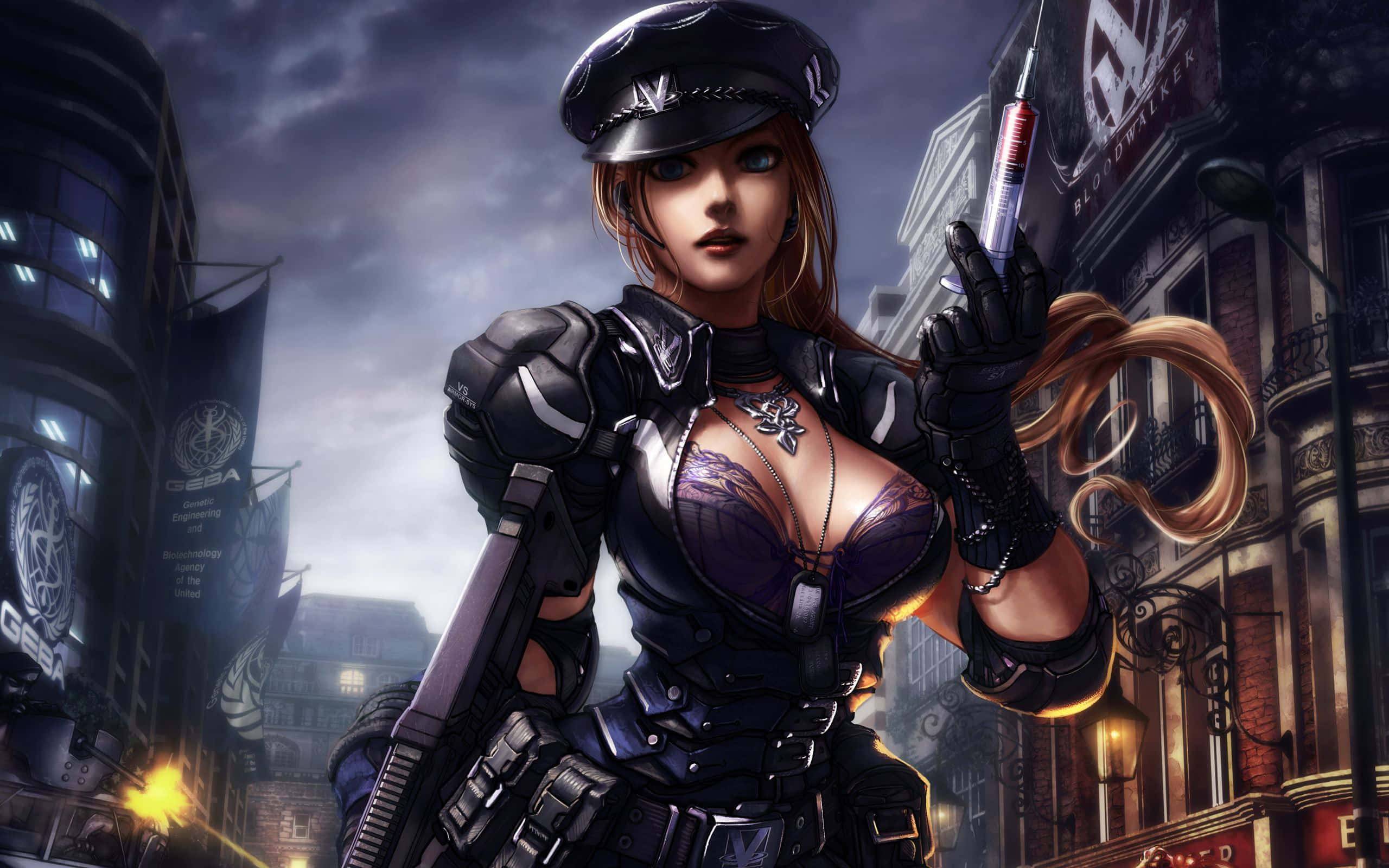 Online Games 桌布 壁紙 — 一位身穿黑色裝甲的賽博龐克女特工在黃昏時分的霓虹燈城市小巷中手持注射器。