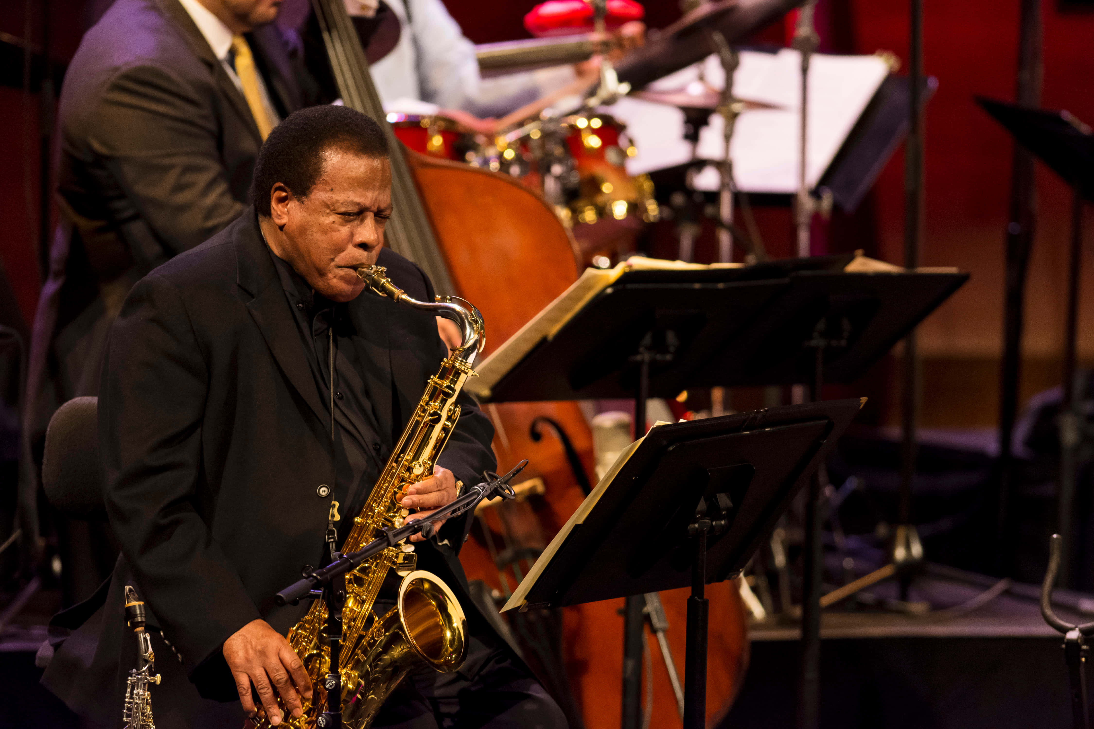 Wayne Shorter 桌布 壁紙 — 一位身穿黑色西裝的爵士音樂家在溫暖的舞台燈光下熱情地吹奏金色薩克斯風，背景有貝斯手和鼓手。