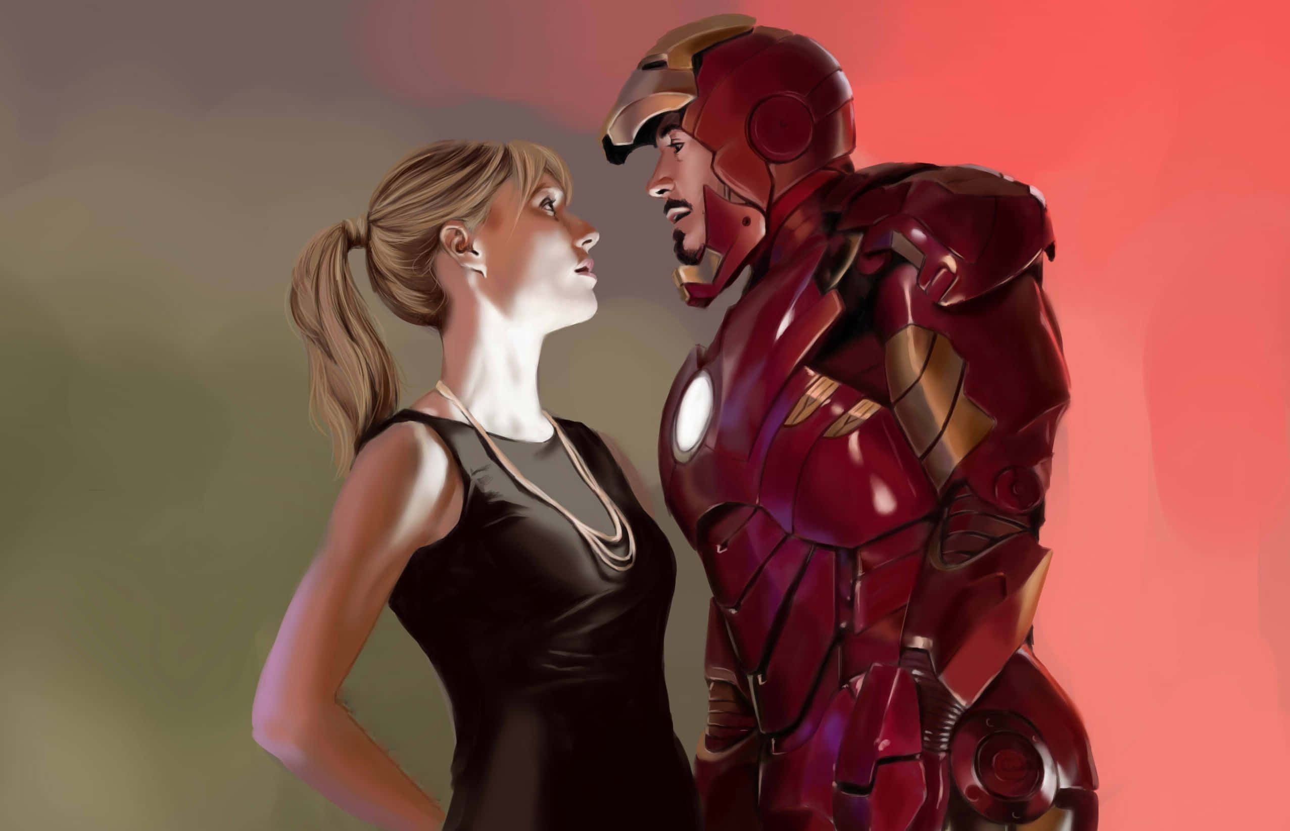 Pepper Potts 桌布 壁紙 — 一位身穿黑色連衣裙的女性，在漸變背景前仰望身穿紅金戰甲的鋼鐵人。