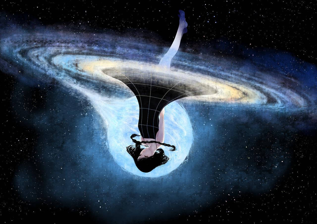 黑洞 桌布 壁紙 — 一位身穿黑色連衣裙的女性在繁星點點的宇宙背景下，倒掛在旋轉的星系中漂浮。