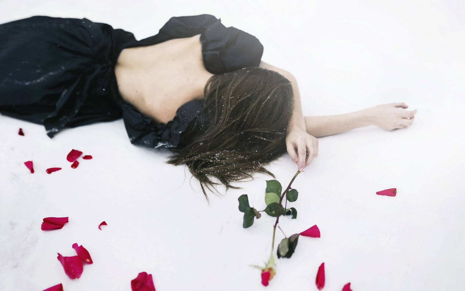 Sad Girl 桌布 壁紙 — 一位身穿黑色連衣裙的女性臉朝下躺在雪地裡，她的手觸碰著一朵紅玫瑰，周圍散落著花瓣。