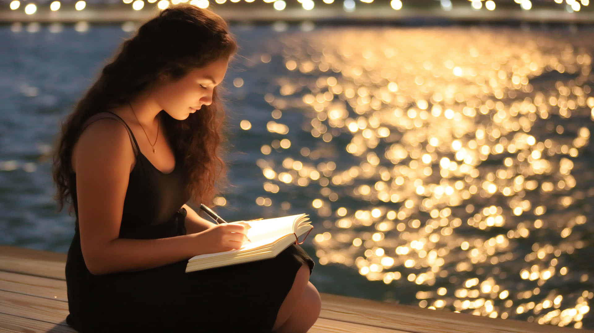 Young Woman Journaling by Sparkling Water at Night 壁紙 — 一位身穿黑色連衣裙的年輕女子在木製碼頭上寫筆記本，身後的金色燈光在水面上閃爍。