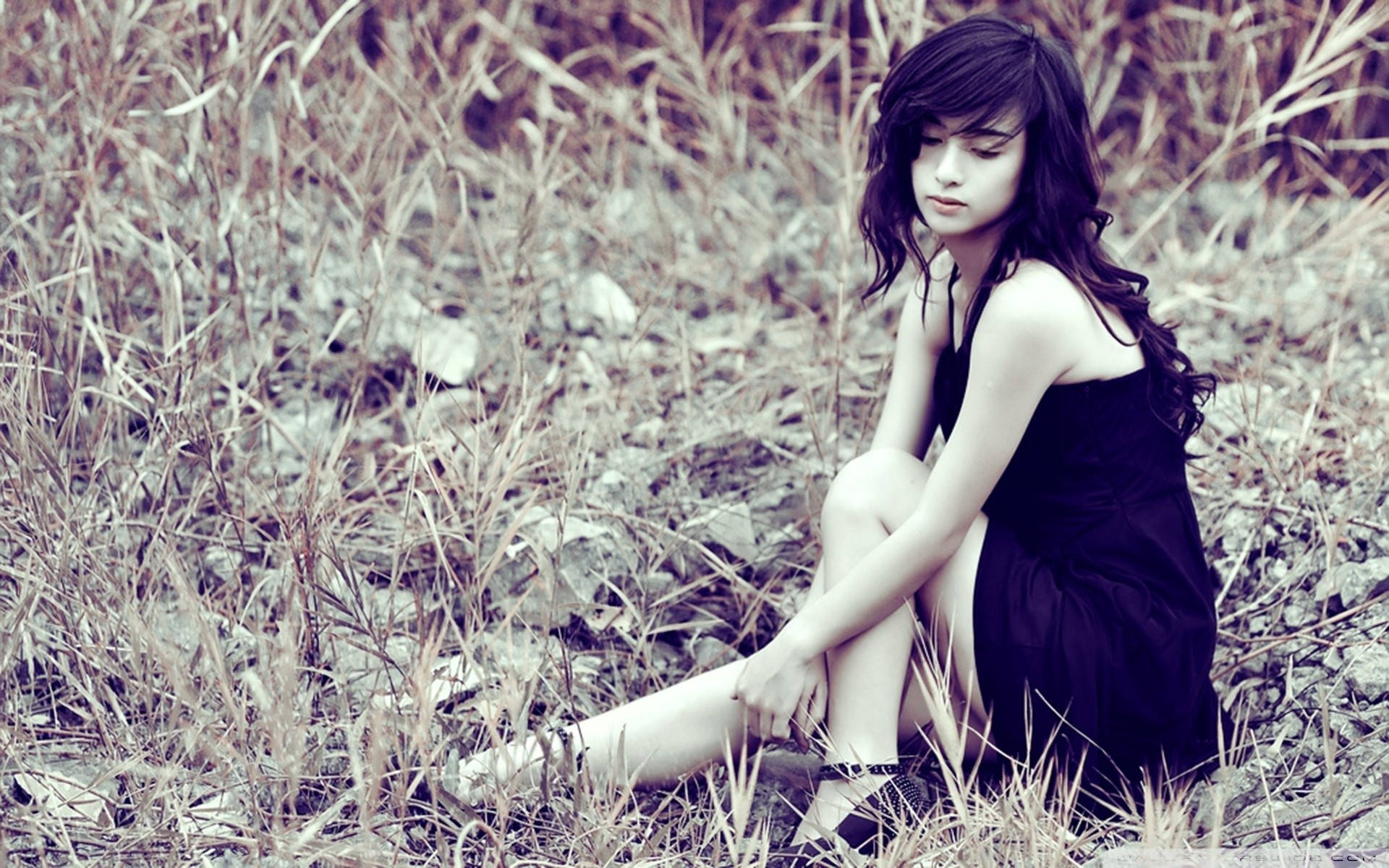 Sad Girl 桌布 壁紙 — 一位身穿黑色連衣裙的年輕女性，在色調柔和復古的高大乾草叢中沉思地坐著。