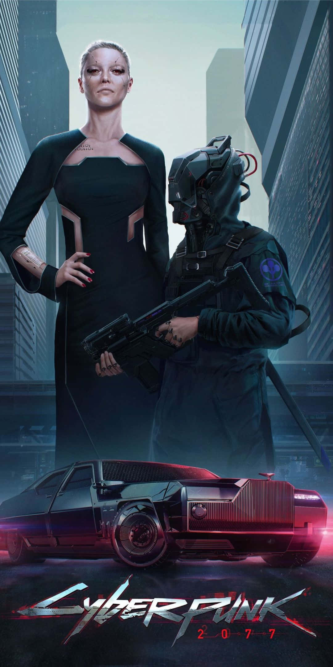 Pixel 3 Cyberpunk 2077 桌布 壁紙 — 一位身穿黑色連衣裙的賽博龐克女性站在一名戴面具、手持步槍的士兵旁邊，下方有一輛發光的汽車，背景是霓虹燈閃爍的城市景觀。