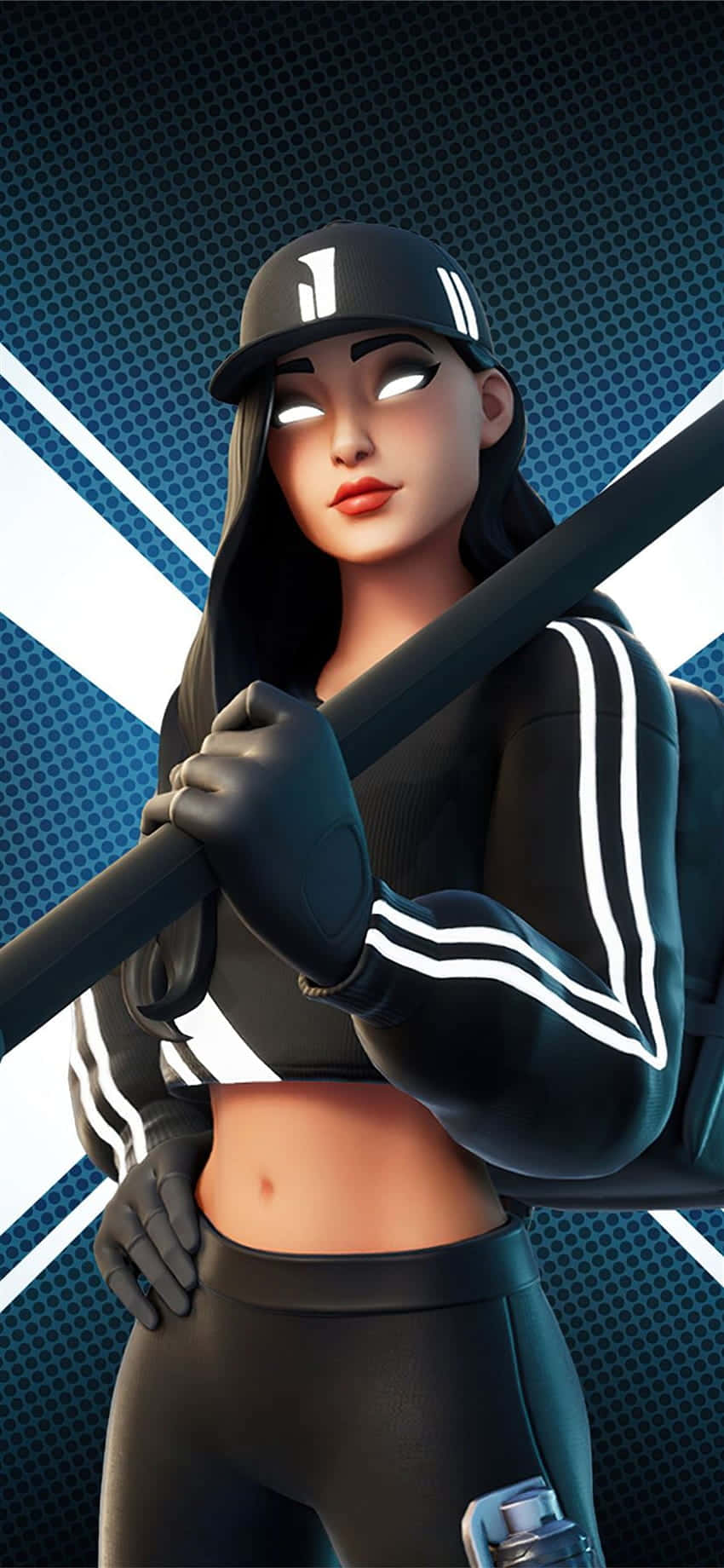 Ruby Fortnite Skin 桌布 壁紙 — 一位身穿黑色運動服的風格化女運動員，在藍色幾何背景前手持球棒。