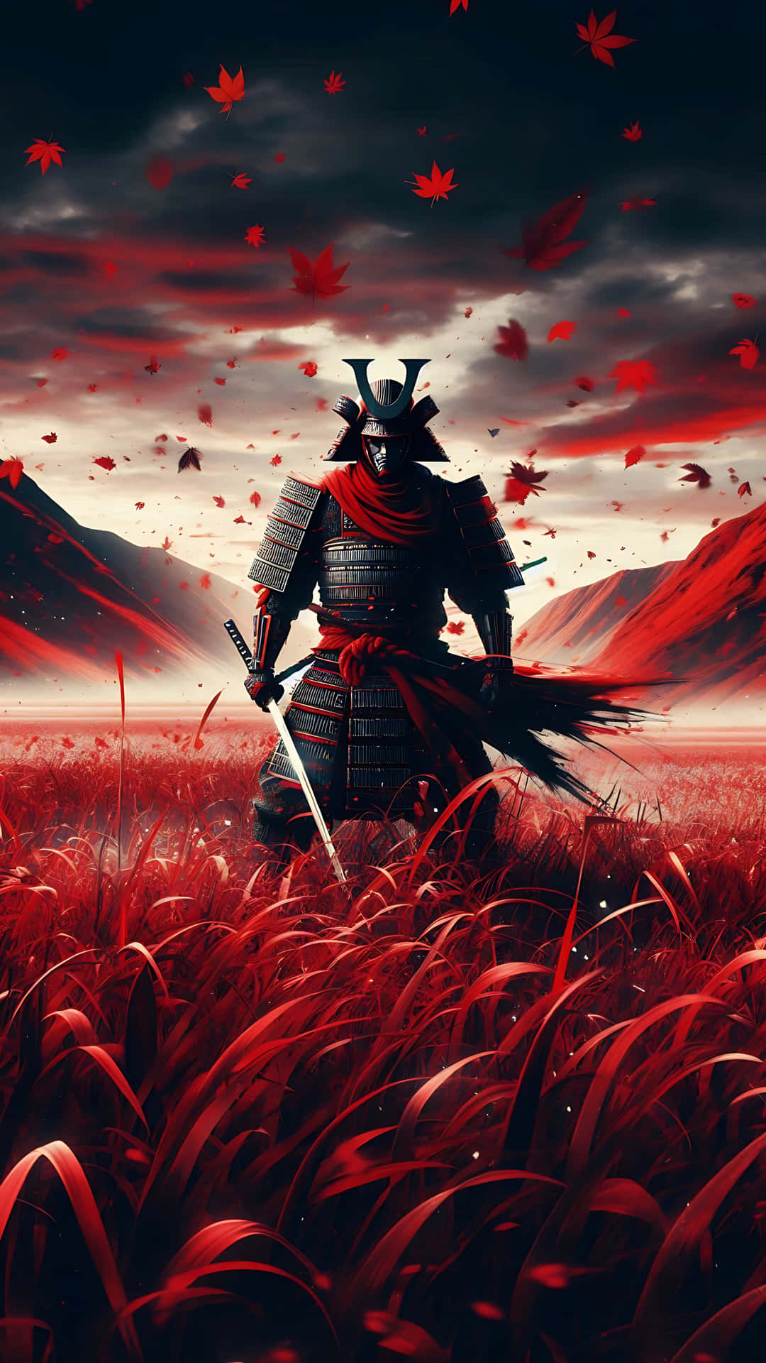 Samurai War 壁紙 — 一位身穿黑色鎧甲的武士站在暴風雨天空下的紅草叢中，紅色的楓葉在他周圍旋轉。