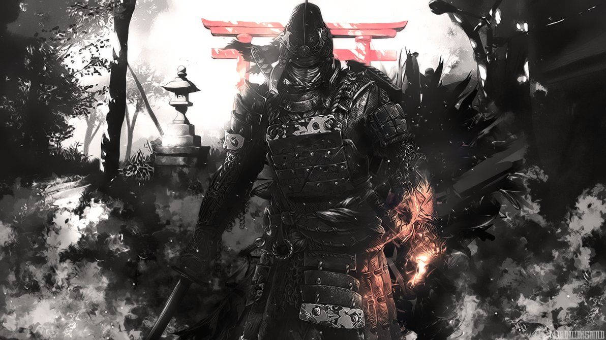 Honor 桌布 壁紙 — 一位身穿黑色鎧甲的武士站在紅色鳥居前，手臂上閃爍著橙色火焰，身處迷霧森林中。