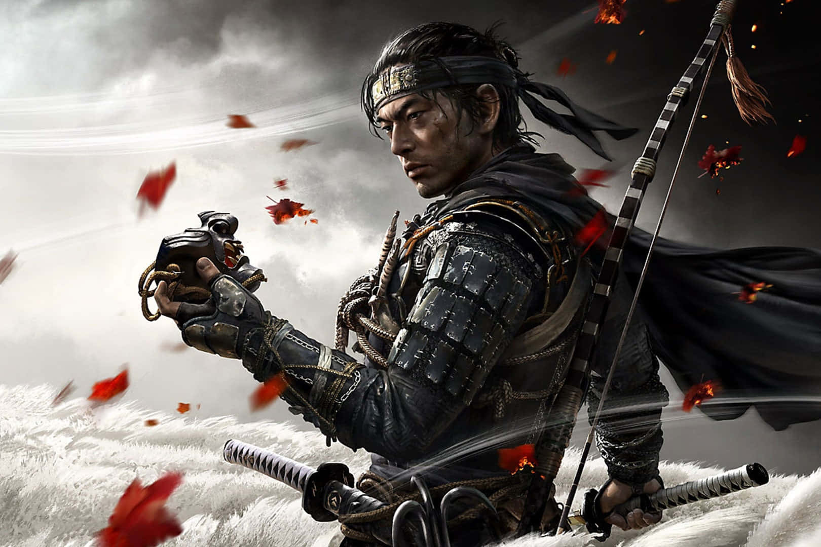 電玩遊戲 桌布 壁紙 — 一位身穿黑色鎧甲的武士站在風暴天空下飄落的紅楓葉中。