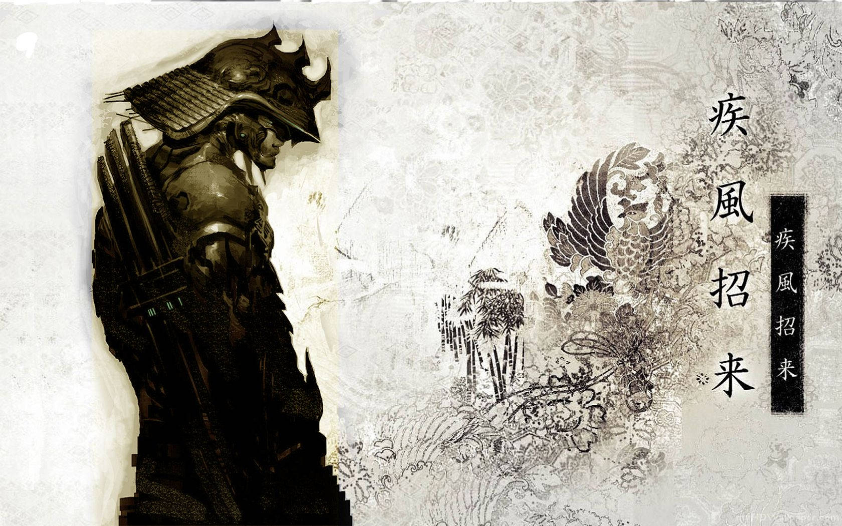 日式 桌布 壁紙 — 一位身穿黑色鎧甲的武士莊嚴地站在傳統日本水墨畫旁，畫中有鶴和書法，畫在舊羊皮紙上。