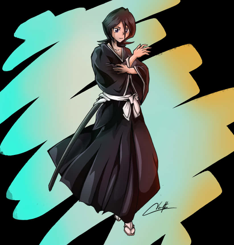 死神 桌布 壁紙 — 一位身穿黑色長袍的動漫戰士手持劍，站在動態的青綠色和金色背景前。