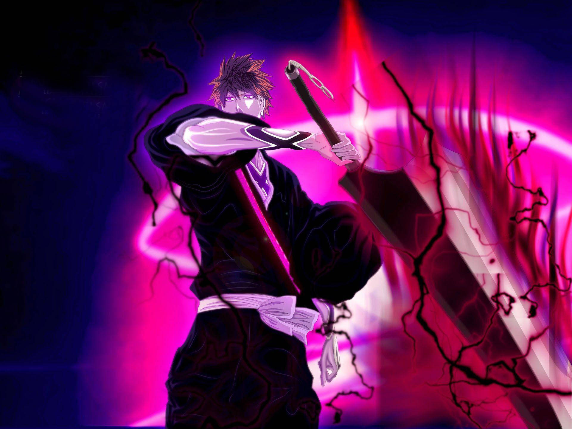 Bankai 桌布 壁紙 — 一位身穿黑色長袍的動漫戰士揮舞著發光的劍，對抗充滿活力的粉紅色和紫色能量爆發，伴隨著噼啪作響的黑暗觸手。