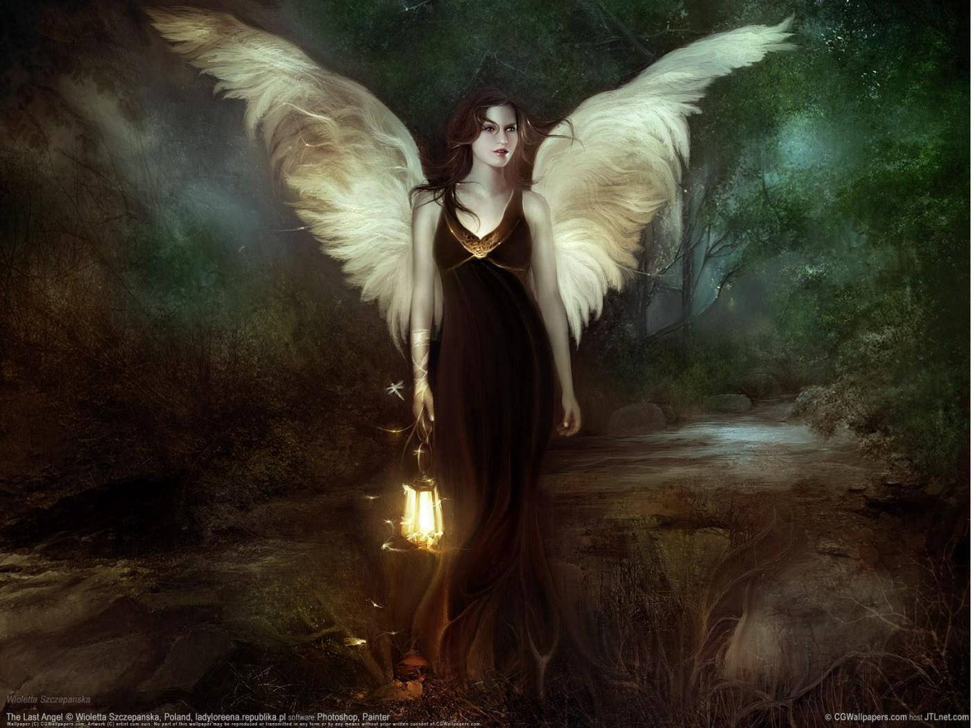 Fairy Grunge 桌布 壁紙 — 一位身穿黑色長袍的暗翼天使，在夜晚的迷霧森林中手持發光燈籠。