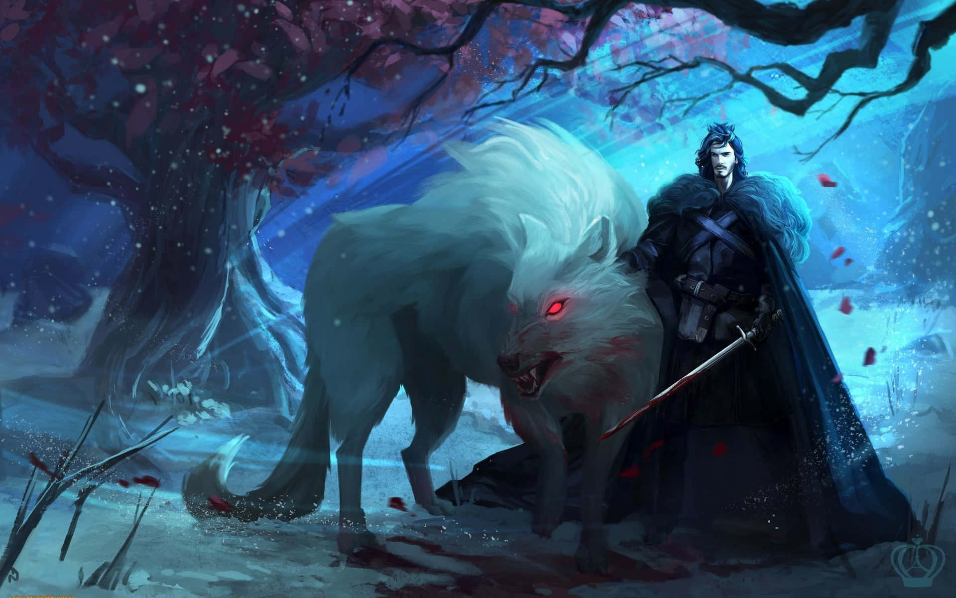 Fire And Ice Wolf 桌布 壁紙 — 一位身穿黑衣、手持劍的戰士站在一隻發光的白狼旁邊，白狼有紅色眼睛，背景是雪地、月光下的樹木和飄落的花瓣。