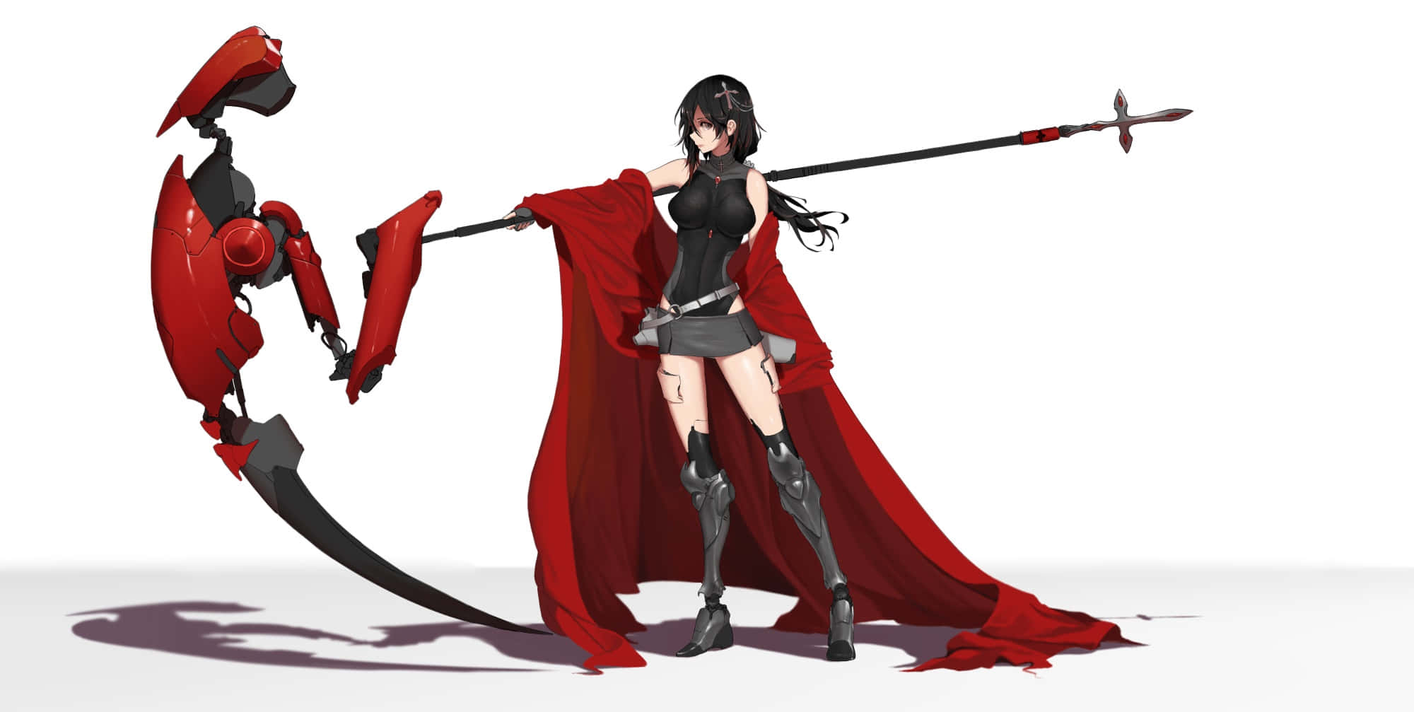RWBY 桌布 壁紙 — 一位身穿黑衣、披著飄逸紅色斗篷的動漫戰士，在純白背景旁揮舞長矛，旁邊還有一隻紅色機械手臂。
