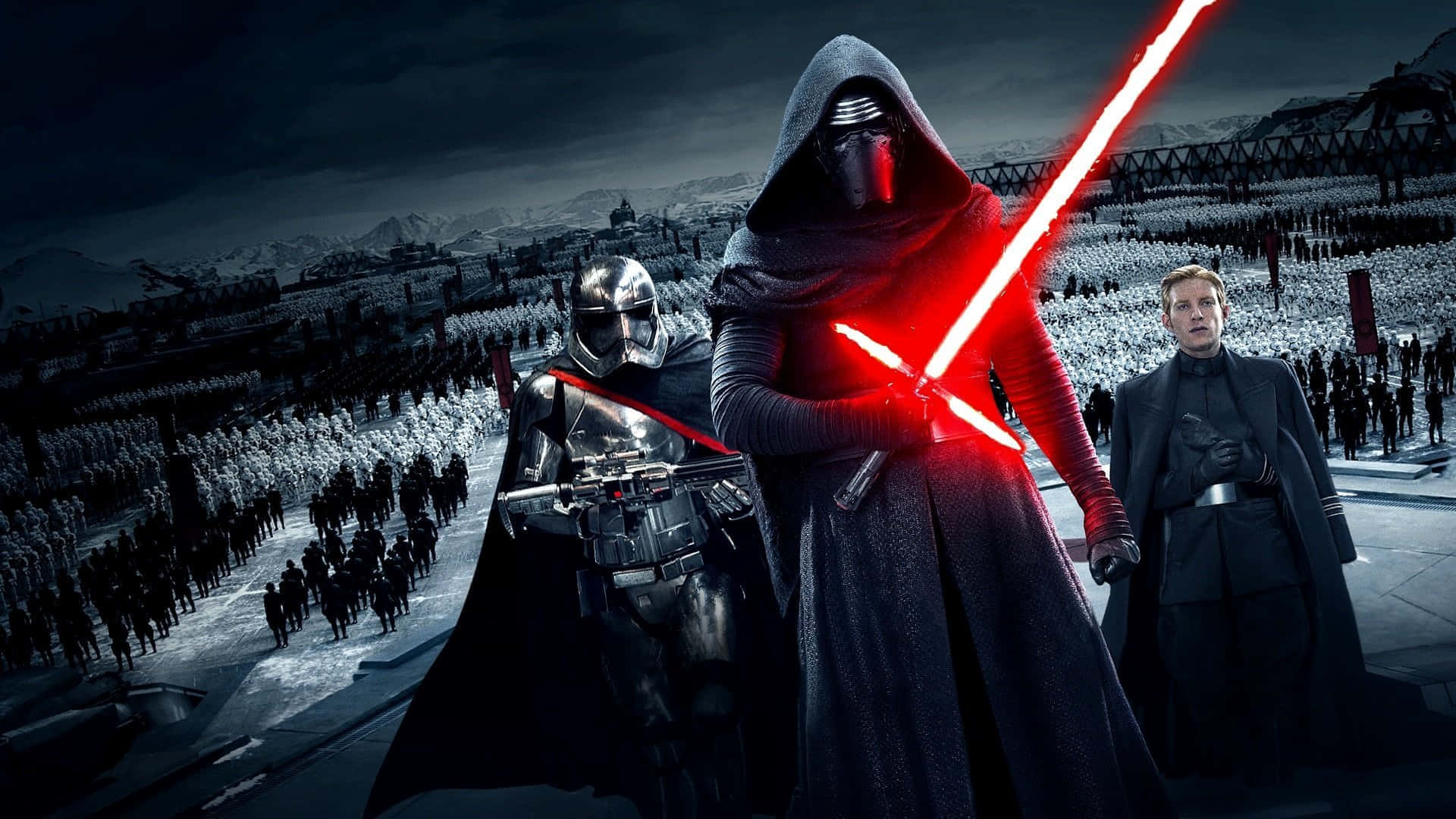 Imperial Army 桌布 壁紙 — 一位身穿黑衣的西斯尊主揮舞著發光的紅色光劍，站在暴風雨的天空下，面對著一支龐大的軍隊。