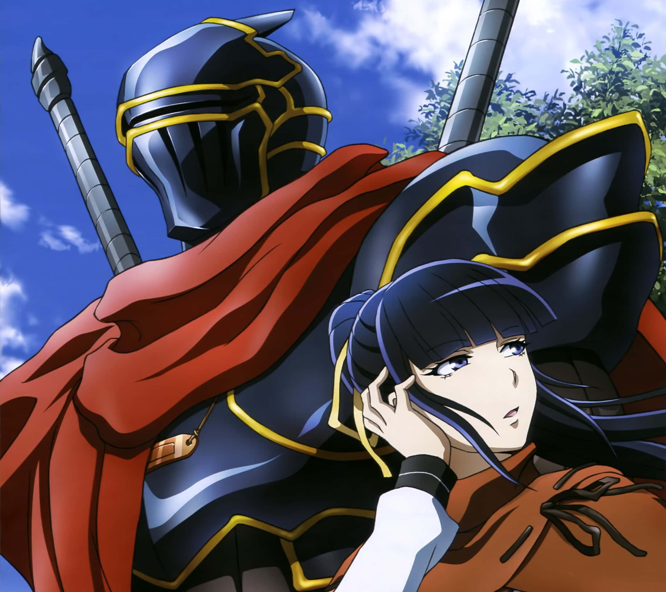 Overlord 桌布 壁紙 — 一位身穿黑金盔甲、披著紅色斗篷的騎士，站在一位身穿橙色服裝、藍色頭髮的女性身後，背景是明亮的藍天。
