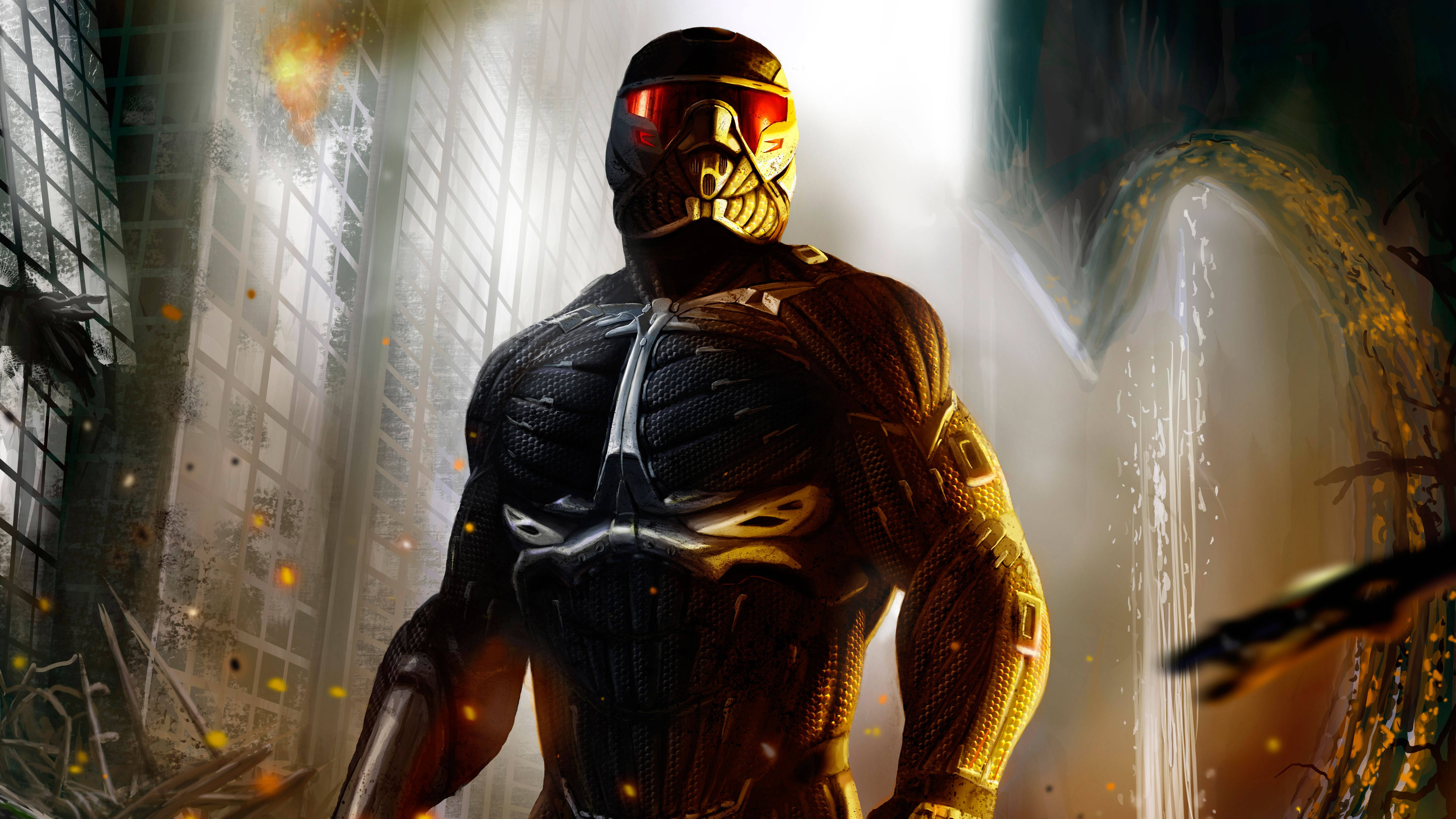 crysis 3 4K 桌布 壁紙 — 一位身穿黑金盔甲的蒙面戰士，在廢墟般的城市小巷中挑釁地站立，雙眼發出紅光，周圍燃燒的碎片旋轉飛舞。