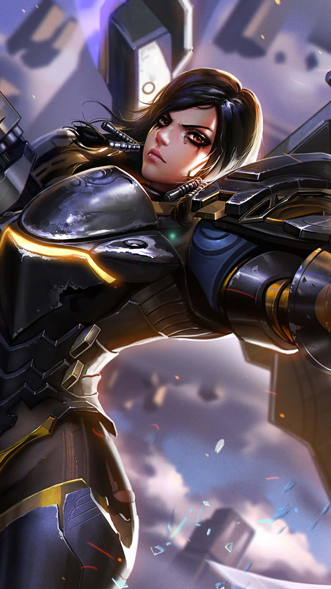 Overwatch Pharah 桌布 壁紙 — 一位身穿黑金鎧甲的兇猛女戰士，在暴風雨的天空下站在破碎的瓦礫中。
