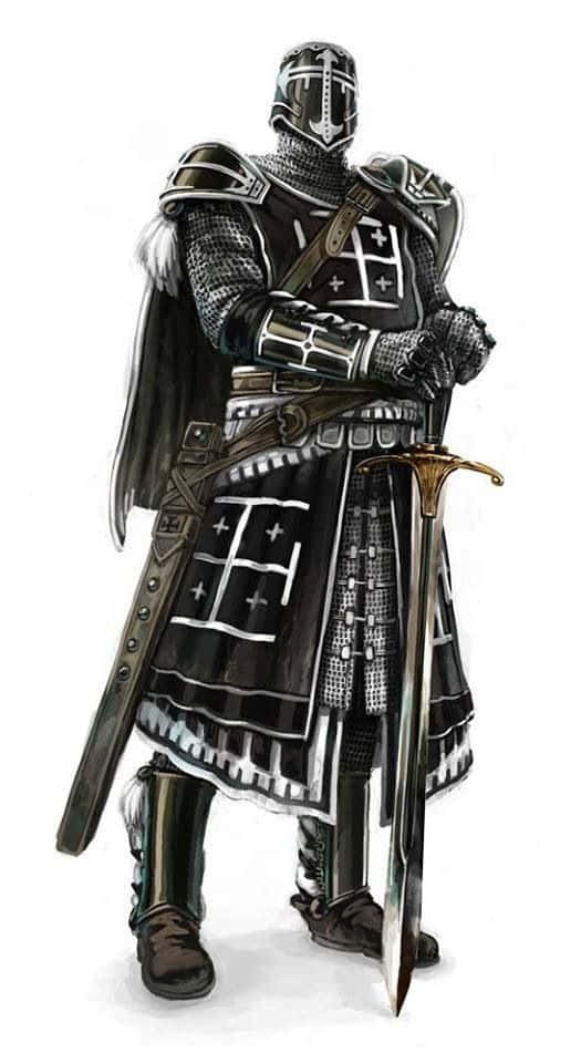 Crusader 桌布 壁紙 — 一位身穿黑銀鎧甲的騎士，手持寶劍，在純白背景前擺出姿勢。