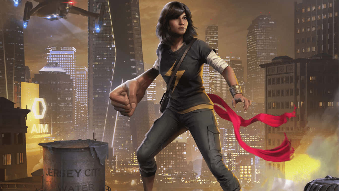 1366x768 Marvel's Avengers 桌布 壁紙 — 一位身穿黑黃色緊身衣、披著紅色斗篷的女性超級英雄，在黃昏時分的未來城市景觀中蓄勢待發。