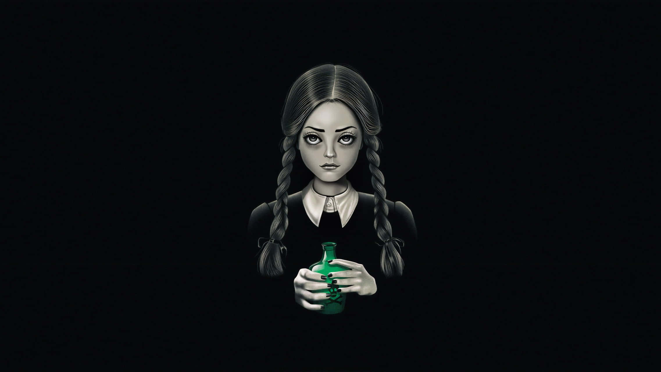 Gothic Costumes 桌布 壁紙 — 一位辮子哥德女孩在純黑背景前手持綠色藥水瓶。