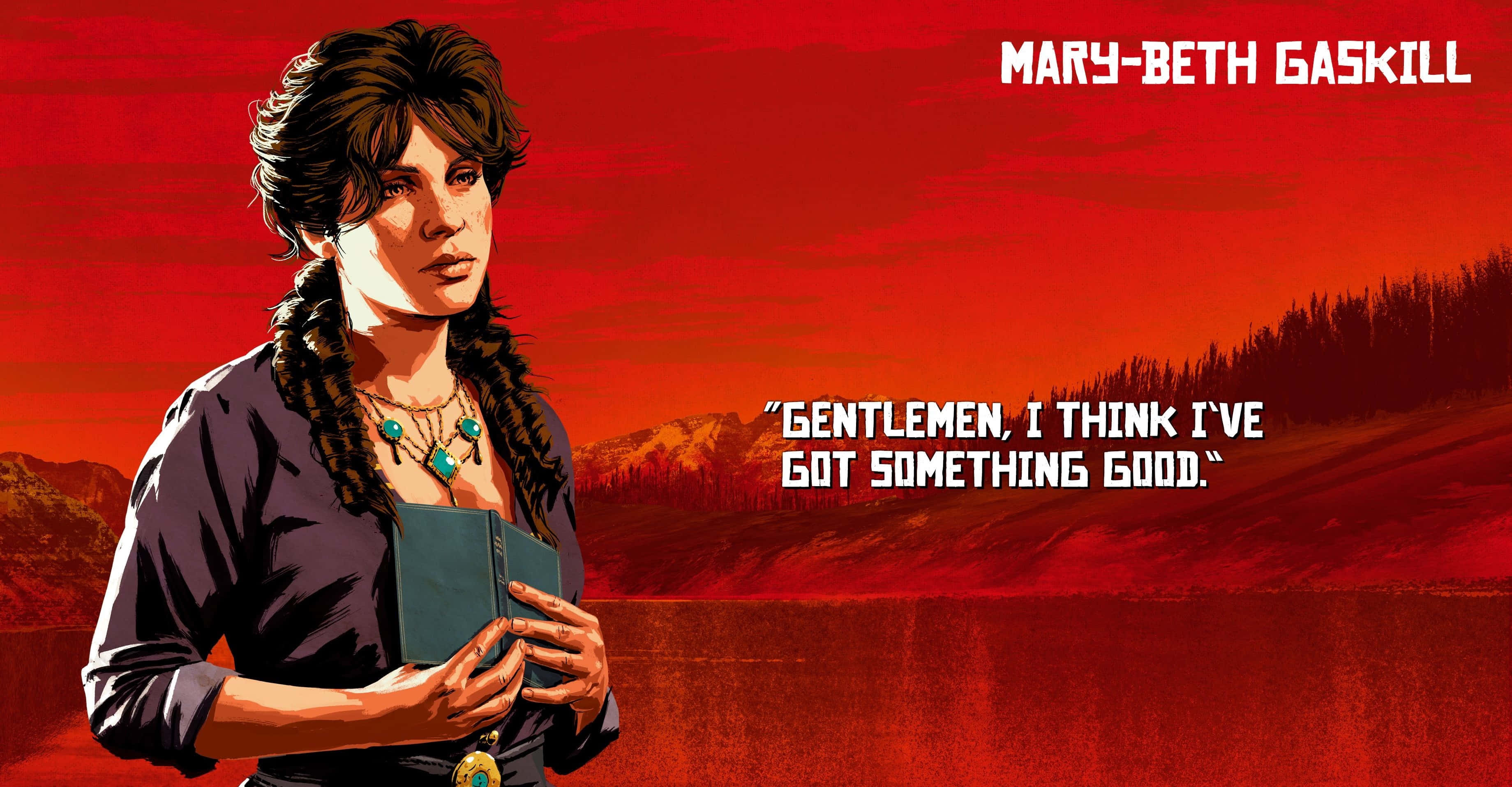 Rdr 桌布 壁紙 — 一位辮子女性在火紅夕陽和遠山背景下拿著一本書。