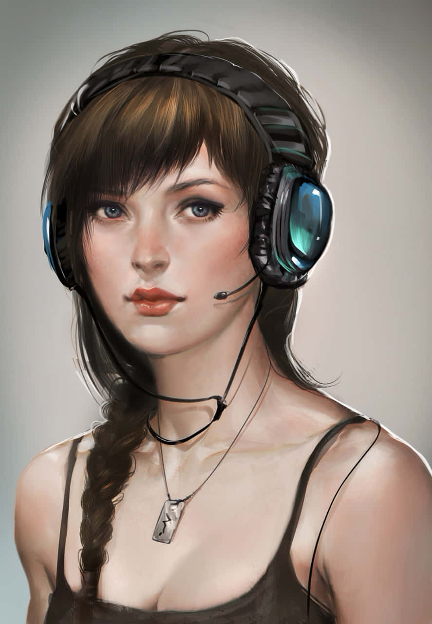 Game Art 桌布 壁紙 — 一位辮子年輕女性戴著未來感藍色耳機和吊墜項鍊，背景為中性灰色。