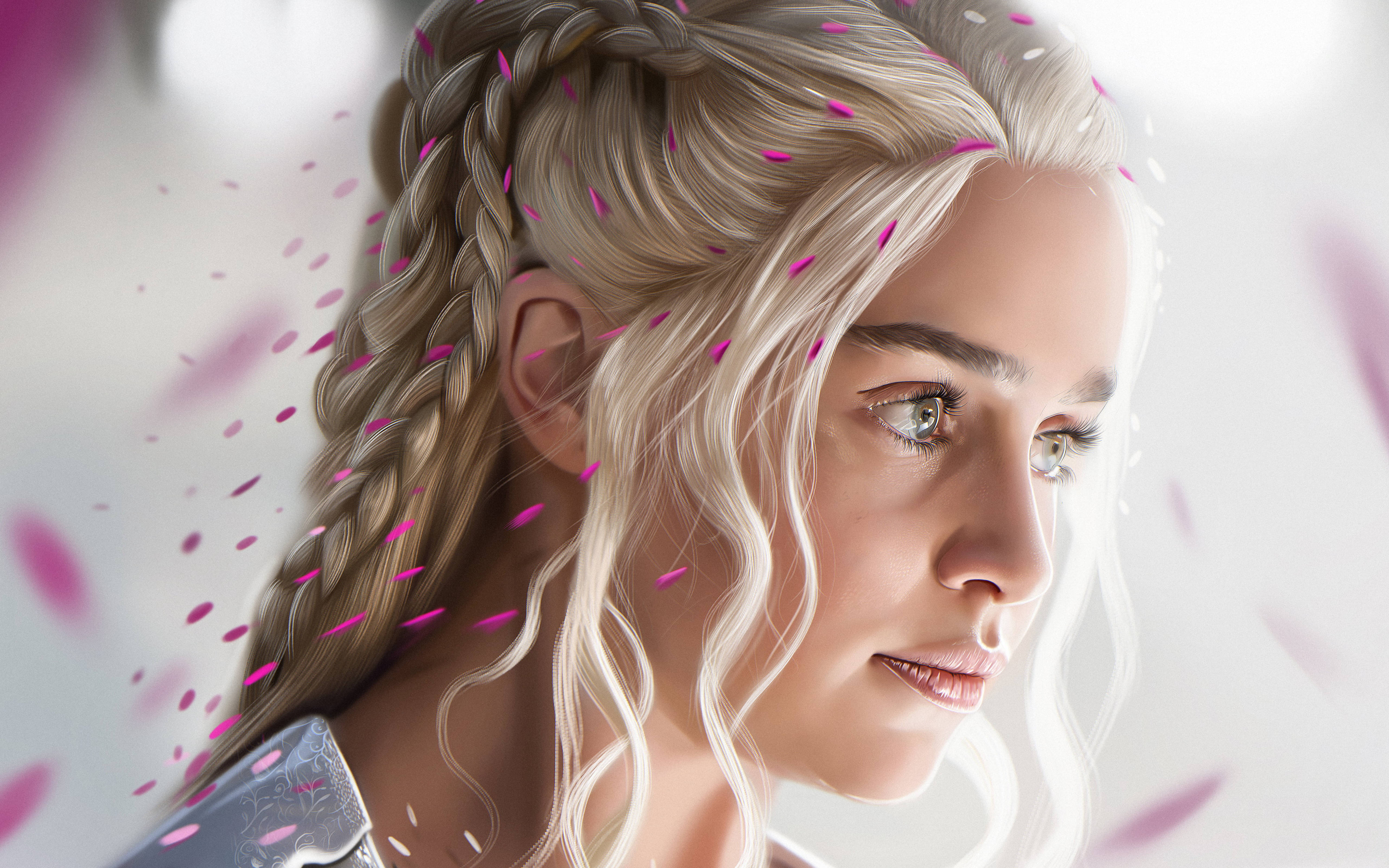 daenerys 桌布 壁紙 — 一位辮子金髮女子臉龐周圍漂浮著粉紅色花瓣的寧靜數位肖像。