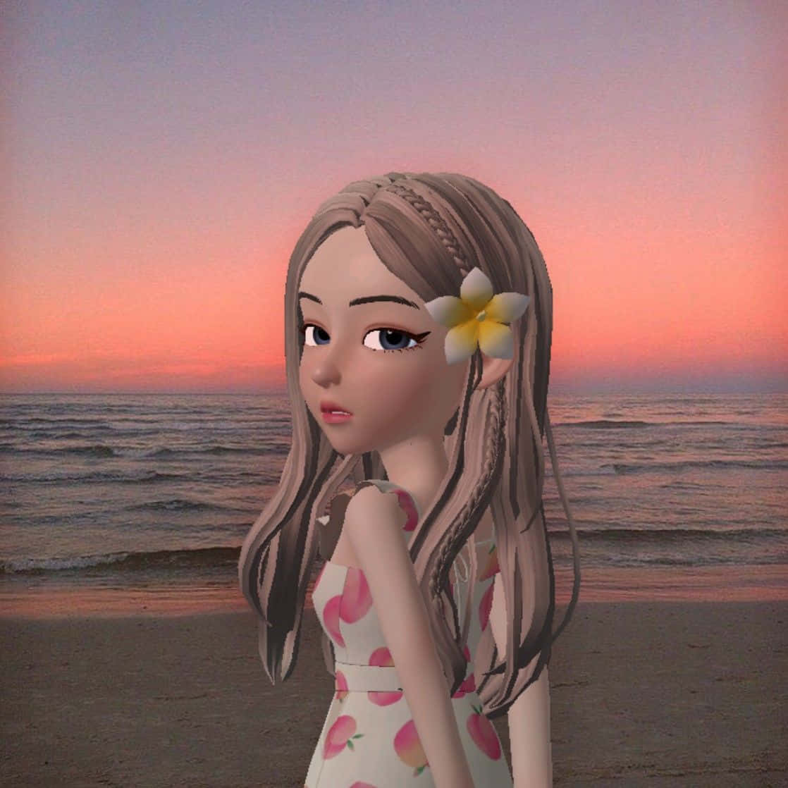 Zepeto 桌布 壁紙 — 一位辮子頭髮、戴著雞蛋花的數位女孩，在日落時分站在沙灘上，穿著桃紋連身裙。
