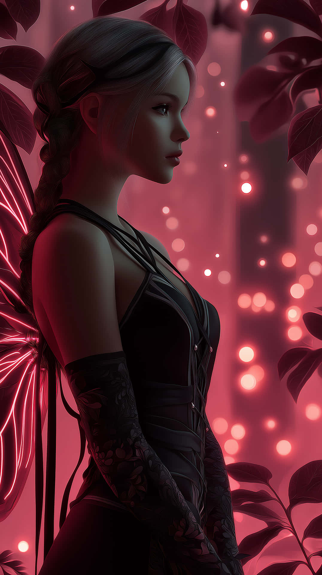 Elegant Dark Fairy with Luminous Neon Pink Aura 壁紙 — 一位辮子頭髮、發光粉紅翅膀的女性，站在茂密的樹葉中，在夢幻般的粉紅散景光下。
